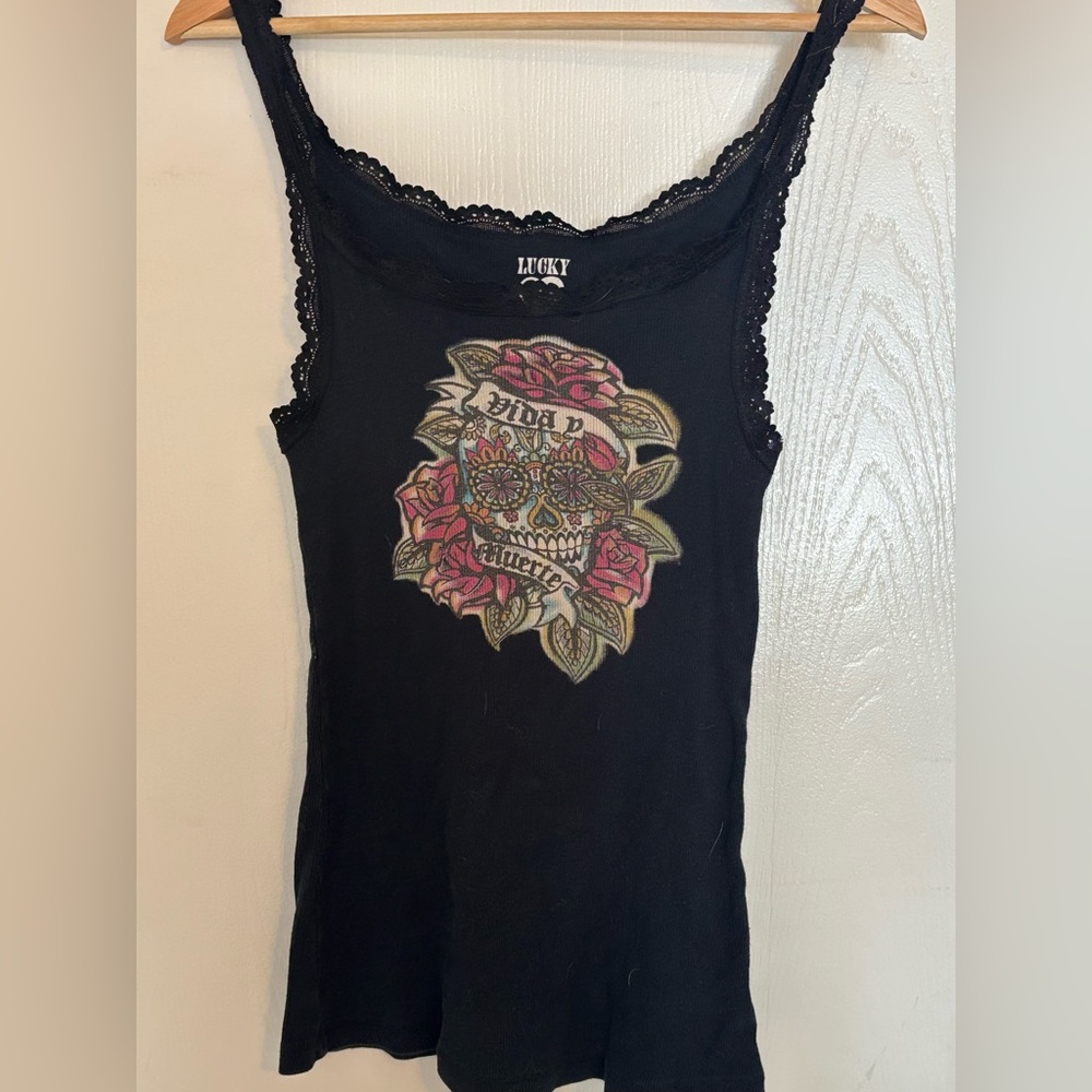 Vintage Lucky Brand Black and Pink Graphic Tank Top